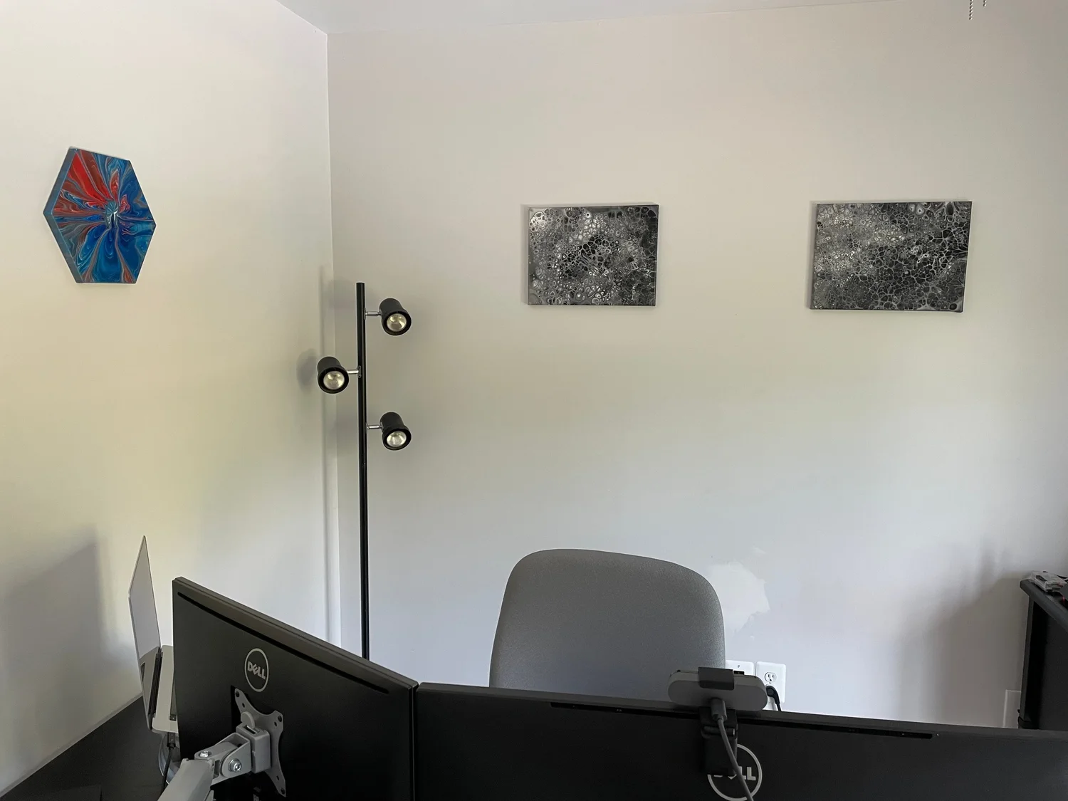 A group of Devon’s paintings displayed in an office.
