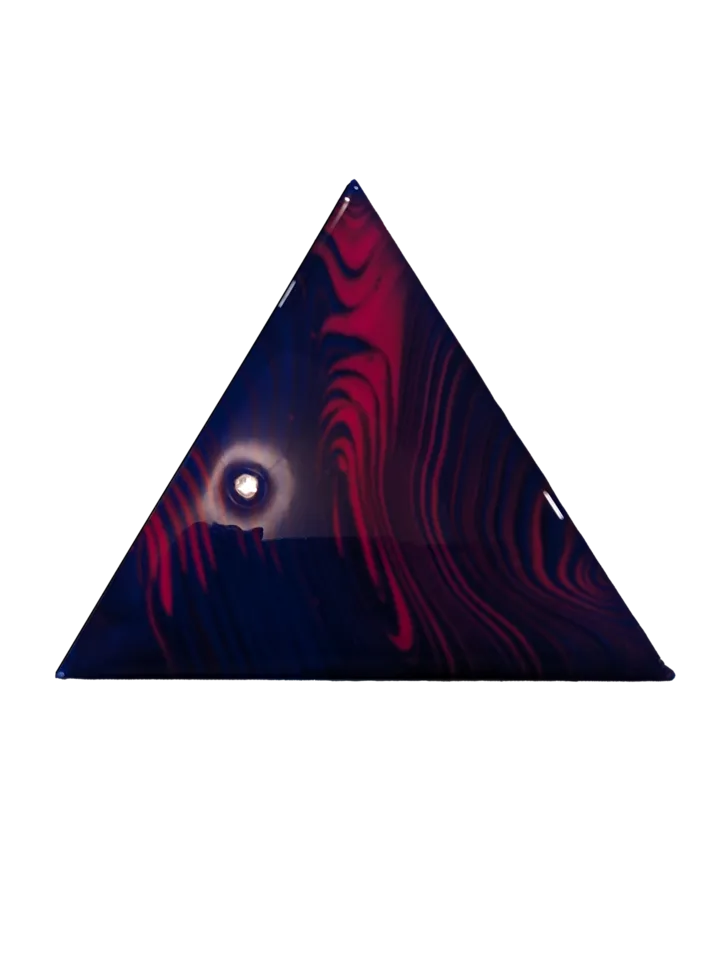 Triangular painting with deep navy and crimson curved lines.