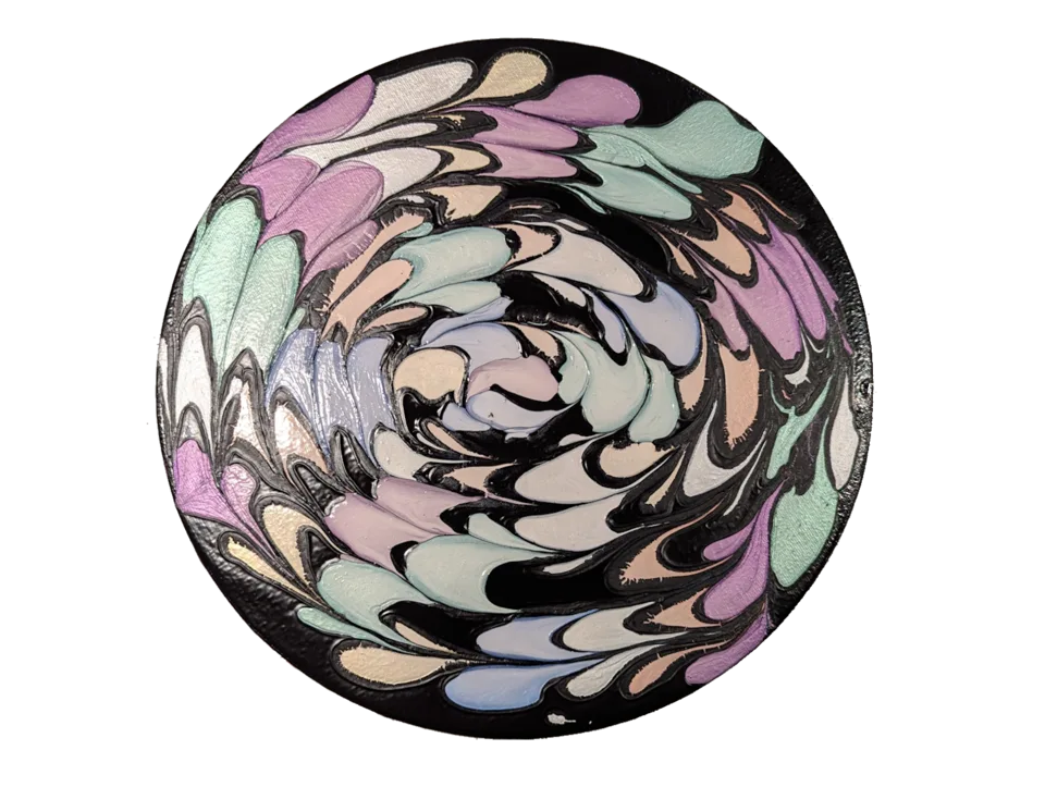 Round pearlescent painting with pastel lavender, mint, peach and blue ribbons over black.