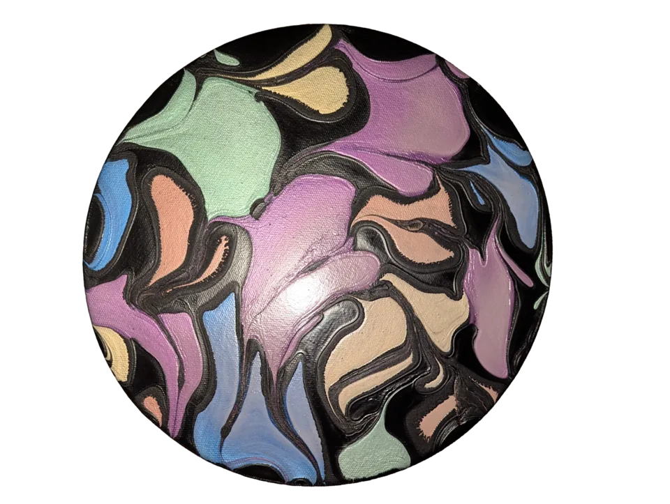 Round pearlescent painting with broad pastel purple, mint, peach and blue shapes outlined in black.