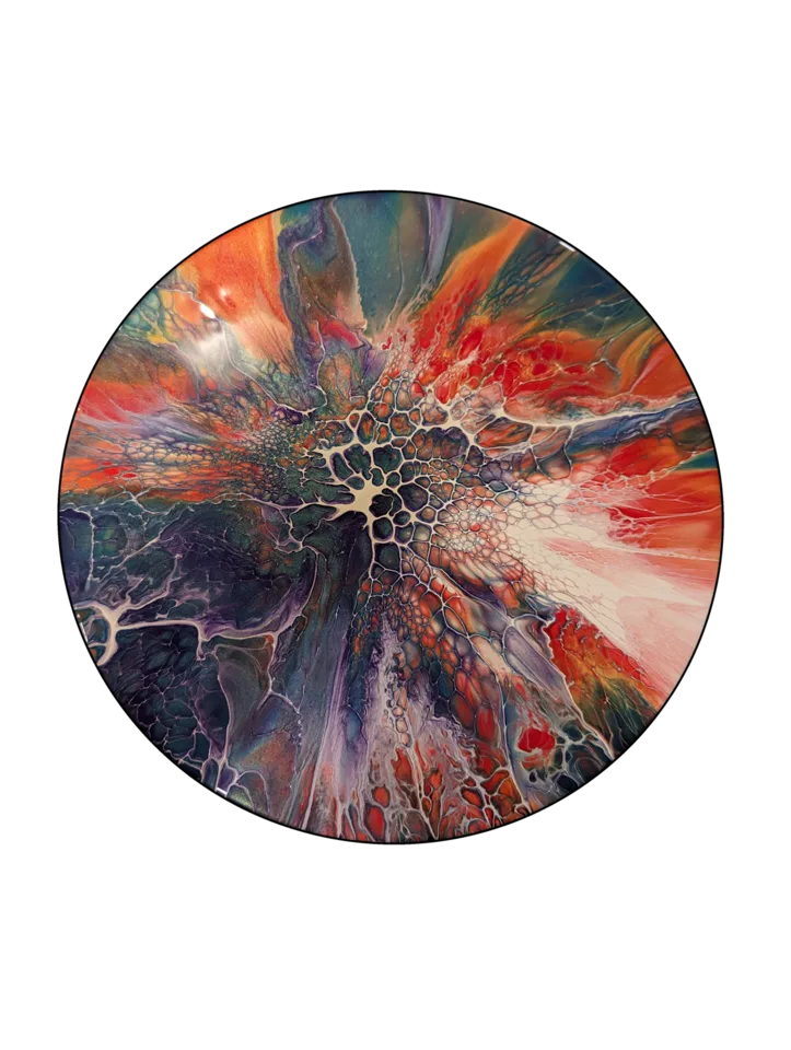 Round bloom painting with energetic orange, coral, blue and violet cells around a dark center.