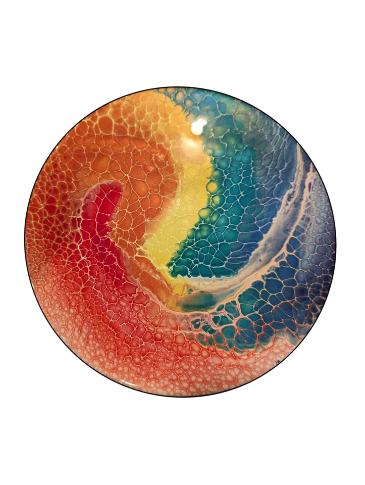 Round bloom painting with warm coral and yellow flowing into turquoise and blue cells.