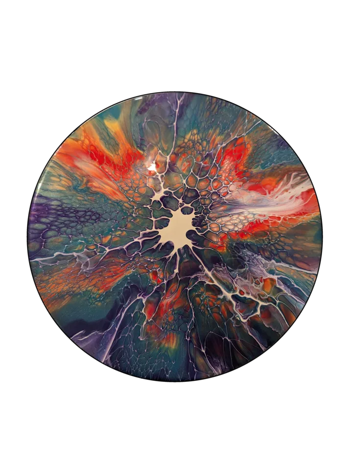 Round bloom painting with deep teal, violet, orange and white cellular patterns radiating from the center.