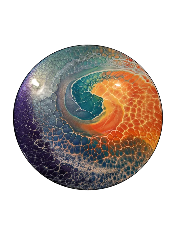 Round bloom painting spiraling from violet and blue into bright orange and teal.