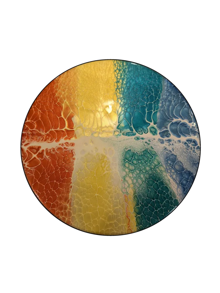 Round bloom painting divided into orange, gold, turquoise and blue fields with delicate white cells.