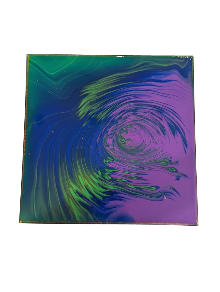 Square painting with a violet and green spiral moving through deep blue.