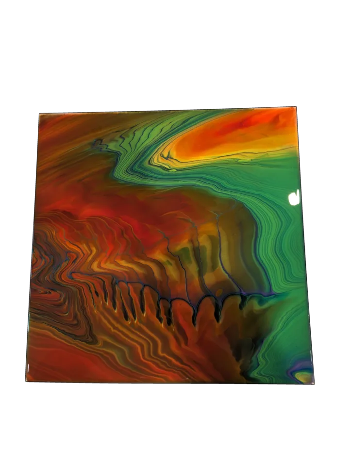 Square painting with layered orange, red and green bands flowing around a dark center.