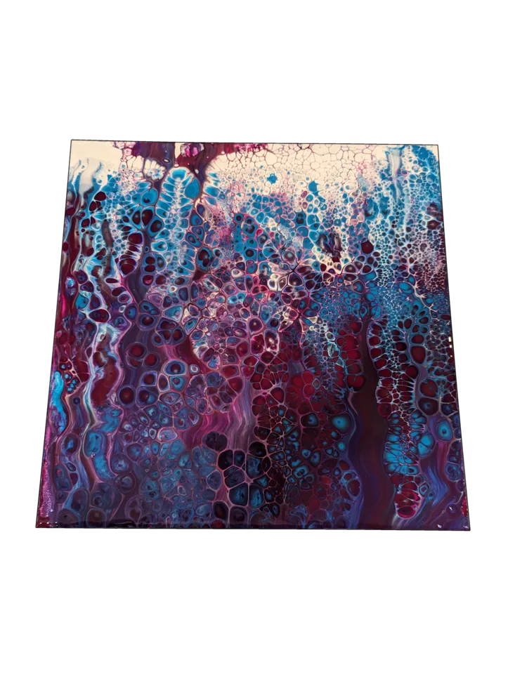 Square painting with vivid turquoise, magenta and burgundy cellular lace beneath a pale edge.