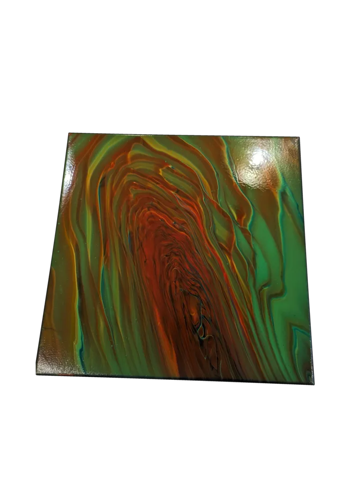 Square fluid painting with emerald green, rust orange and deep brown flowing inward.