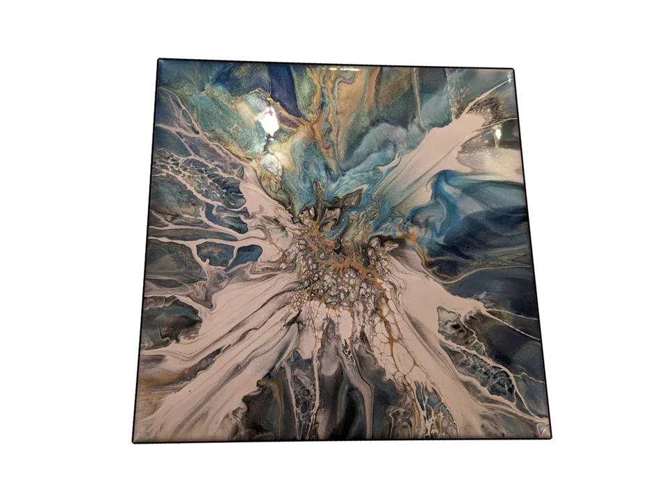 Square fluid-art piece in teal, cream, charcoal and bronze with a crystalline center.