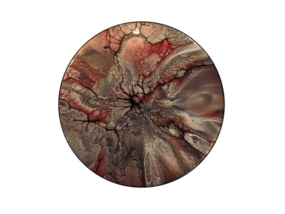 Round fluid-art piece in warm gray, coral and black with fine lacing and a dark central bloom.