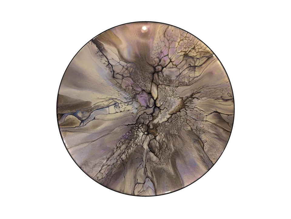 Round neutral fluid-art piece in cream, taupe, gray and faint lavender with delicate black veining.