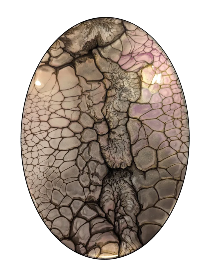 Tall oval fluid-art piece in pearly gray, pale pink and black with large webbed cells.