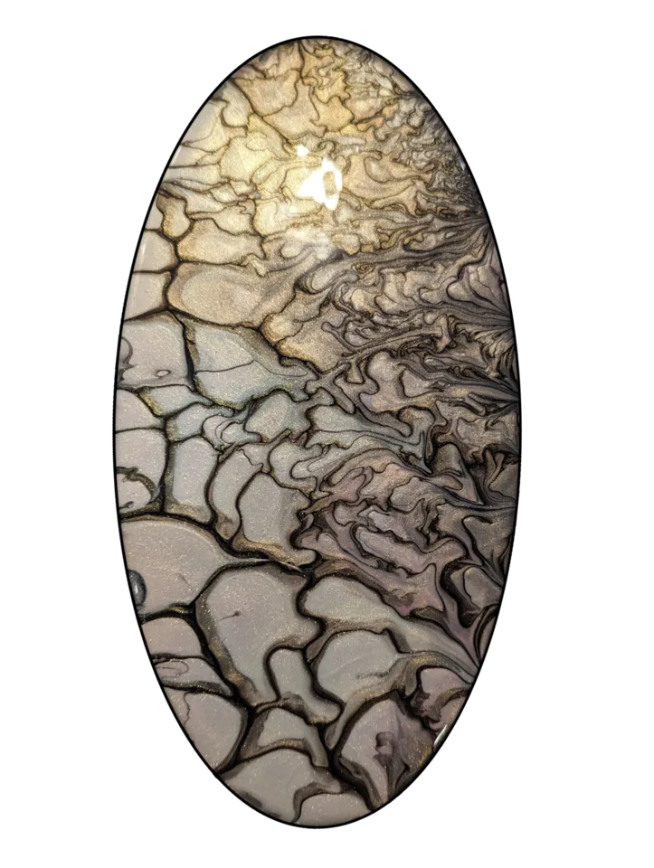 Tall oval fluid-art piece in pearl white, gray and soft lavender with dark cellular outlines.