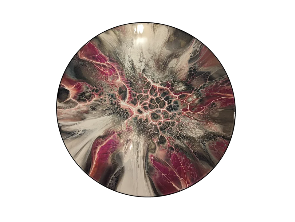 Round fluid-art piece with white, charcoal and deep magenta cells spreading across the center.