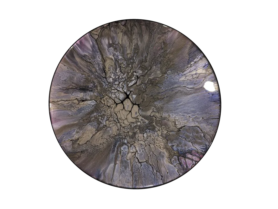 Round smoky gray and lavender fluid-art piece with fractured stone-like cells radiating from the center.