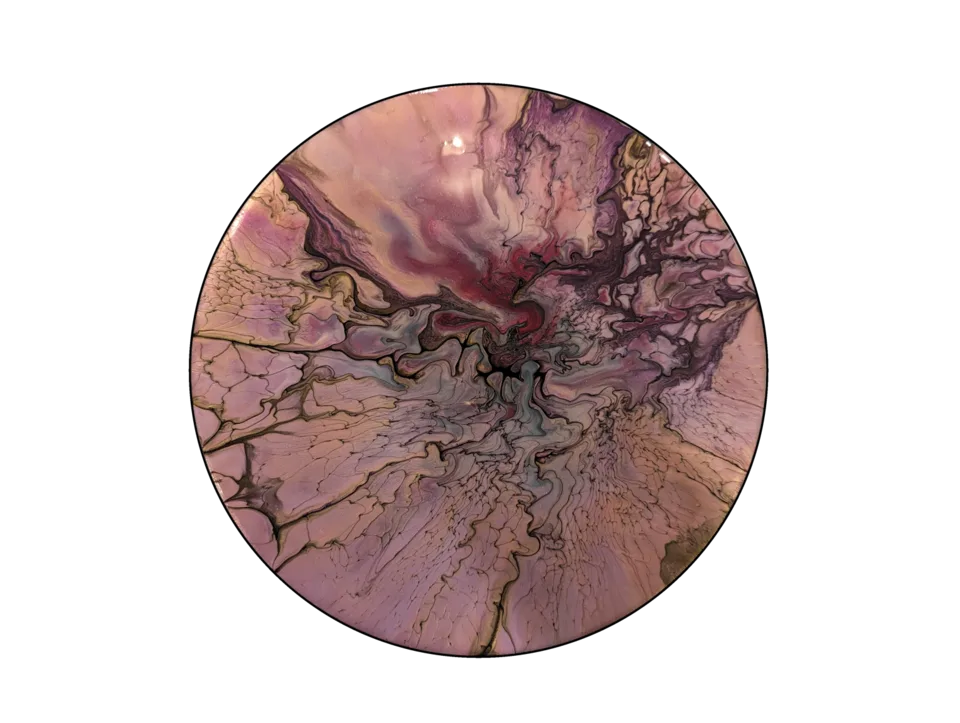 Round fluid-art piece in dusty pink, mauve, cream and black with branching metallic-looking veins.
