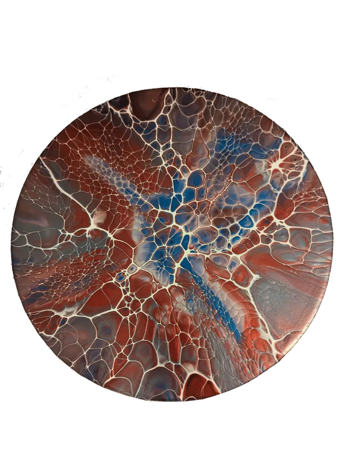 Round bloom painting in rust, turquoise, cream and charcoal with broad translucent cells.