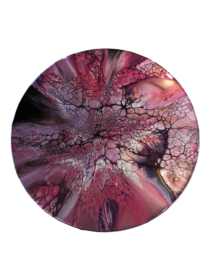 Round bloom painting in berry pink, charcoal and pearl with webbed cells.