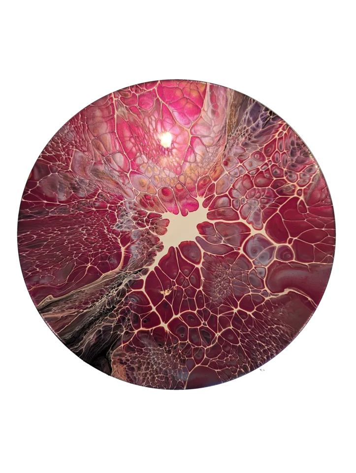 Round bloom painting in luminous magenta, burgundy and gold with fine cells.