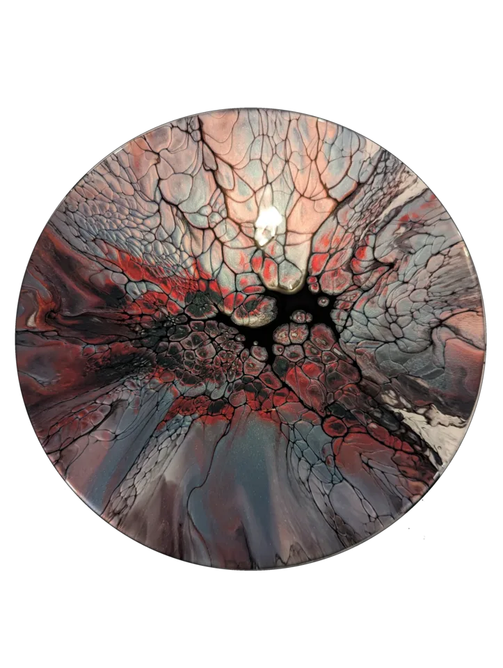 Round bloom painting in silver gray, black and coral with a dramatic cellular center.