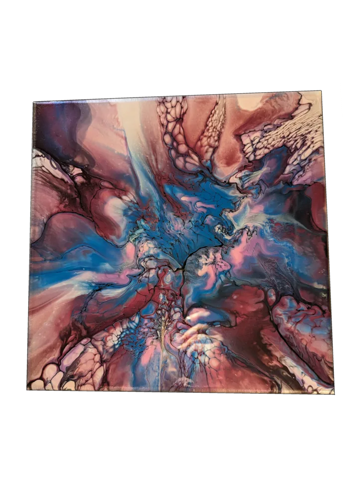 Square bloom painting with turquoise, rose, burgundy and cream ribbons spreading from the center.