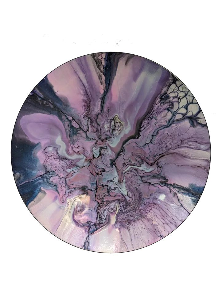 Round bloom painting in lavender, dusty pink, slate blue and pearl.
