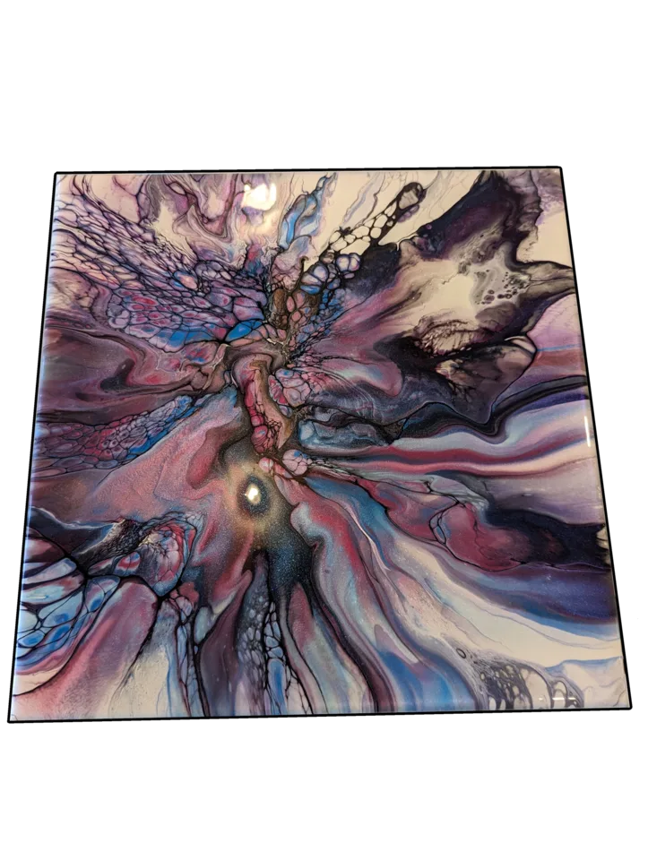 Square bloom painting in lavender, rose, blue and black with flowing wing-like forms.