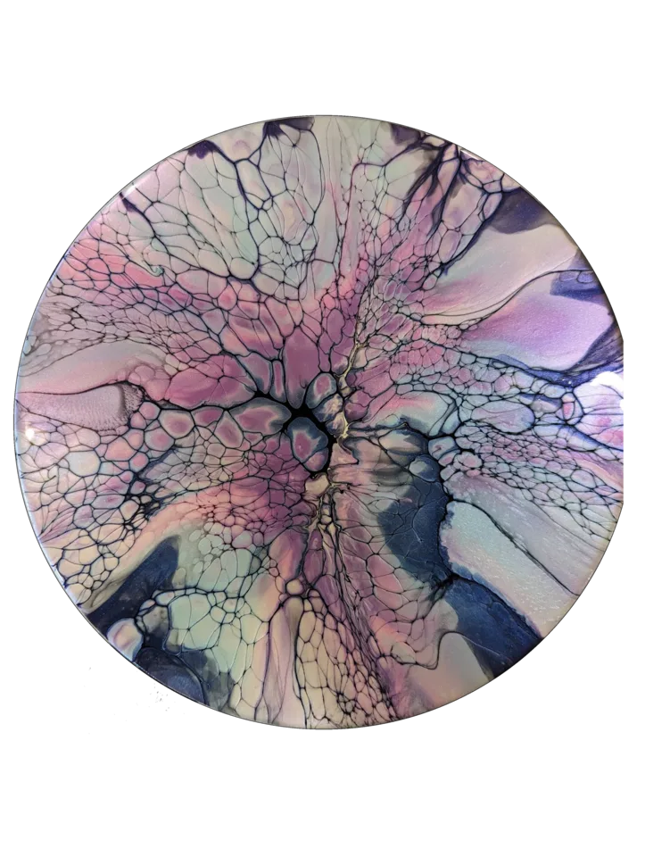 Round bloom painting in pale pink, mint, navy and pearl with dark branching cells.