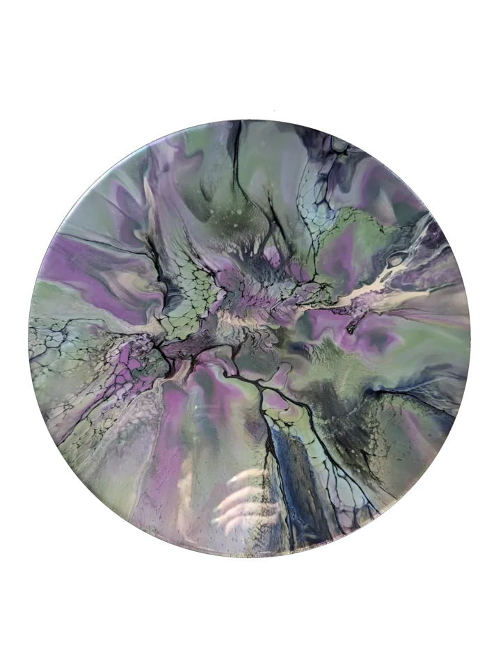 Round bloom painting in soft mint, lavender, gray and black with sweeping ribbons.