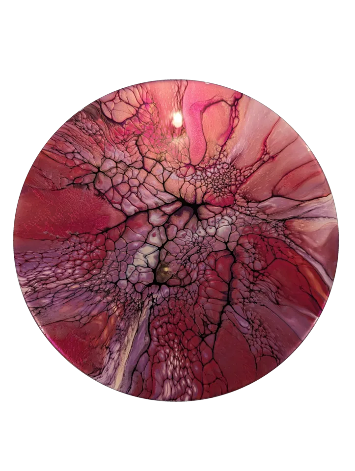 Round bloom painting in rich berry and blush tones with dark lacing.