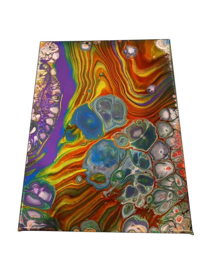 Rectangular abstract pour with bright orange, green, purple and blue bands and large cells.