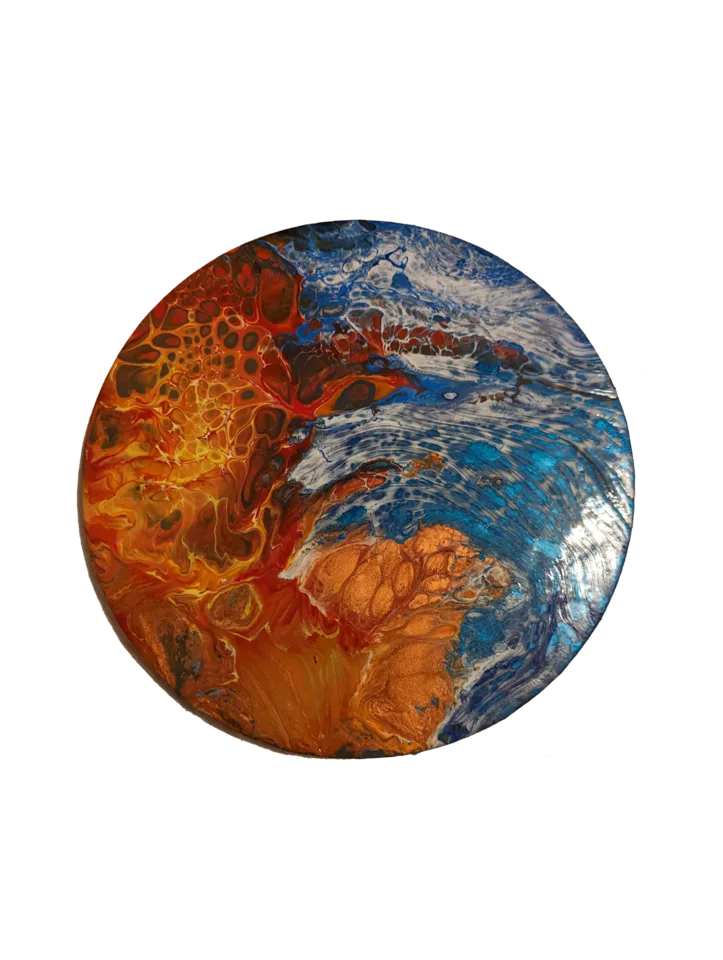 Original abstract fluid-art painting by Devon Leigh Mooers from the Bold & Colorful collection, identified as Fire and Ice.