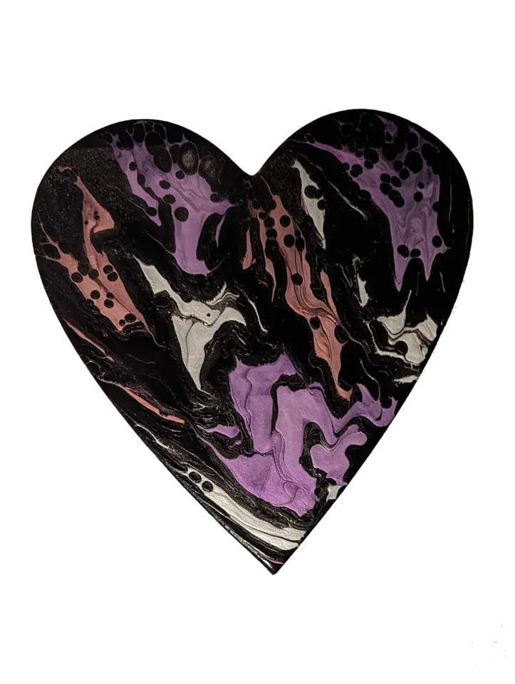Heart-shaped pour in black, lavender, peach and white with bold flowing ribbons.