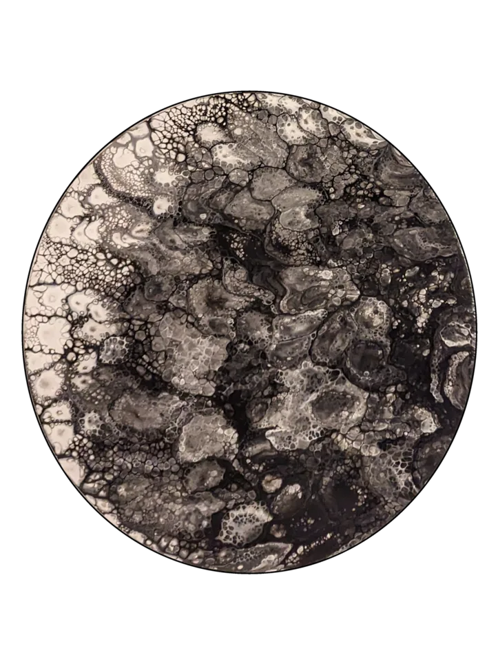 Round black, white and gray painting resembling stone, frost and clustered mineral forms.