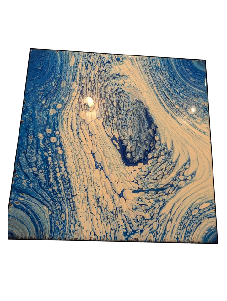 Square blue and cream fluid painting with tightly layered cells around a dark center.