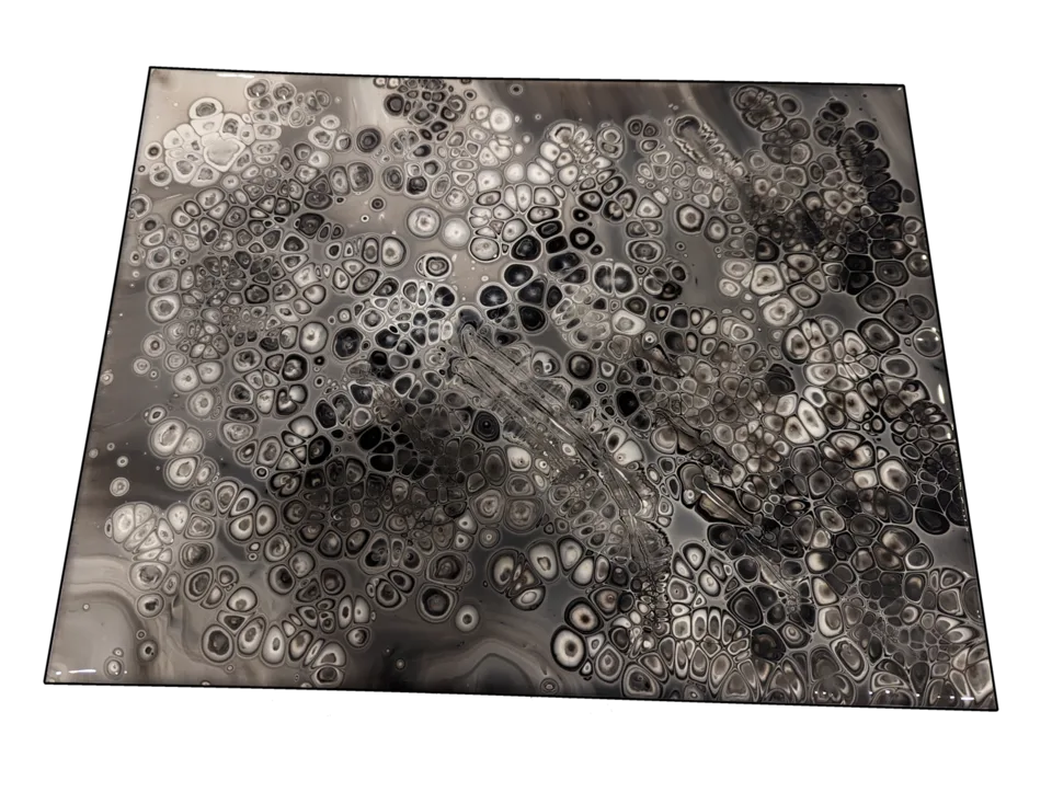 Rectangular grayscale painting filled with hundreds of small organic cells.