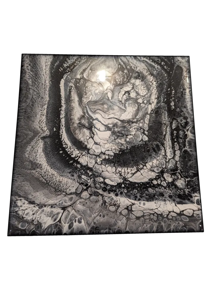 Square black, white and silver cellular pour with a layered central swirl.