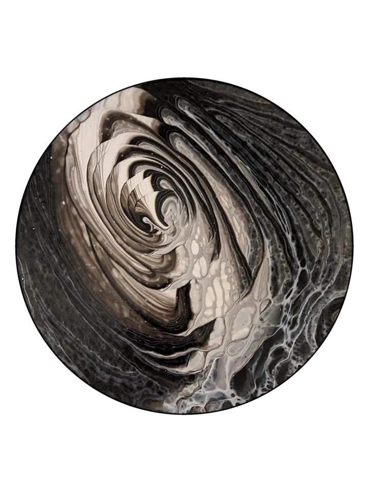 Round monochromatic painting with a curled wave of black, white, taupe and gray.