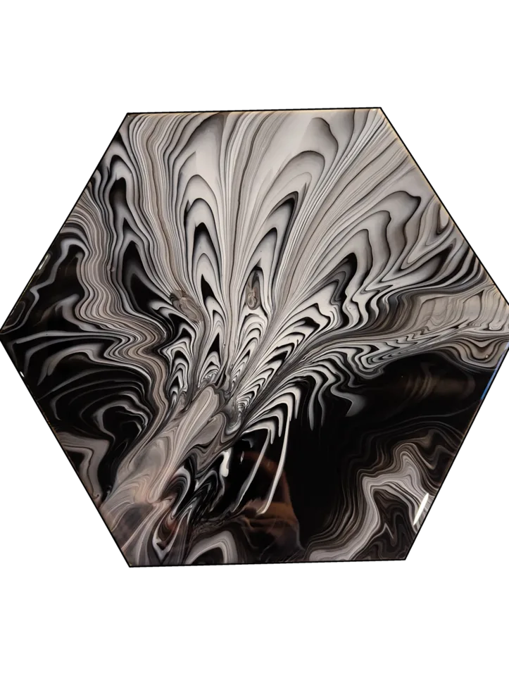 Hexagonal black, white and gray painting with dramatic feathered marbling.