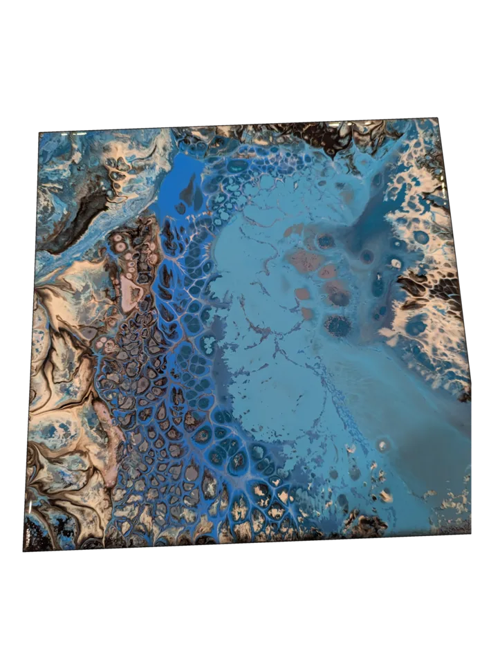 Square abstract work in bright blue, cream, black and bronze with a pool-like center.