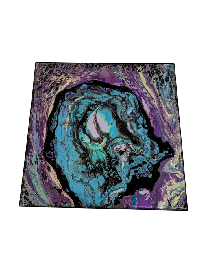 Square abstract pour in turquoise, purple and black with a bright central opening.