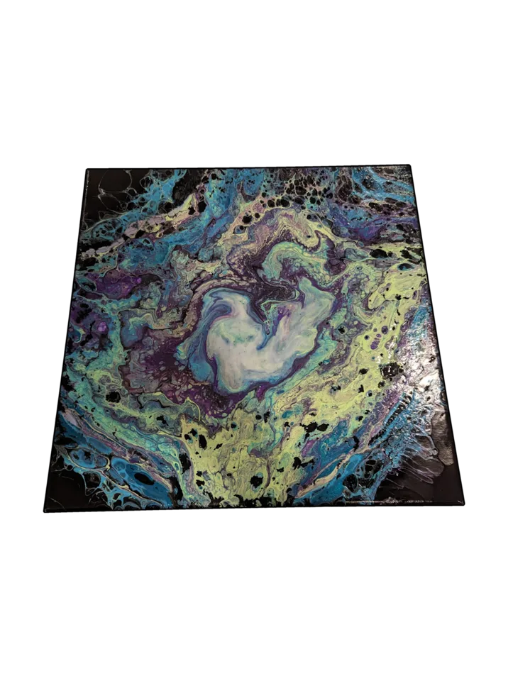 Square abstract pour in turquoise, lime, violet and black with an organic center.