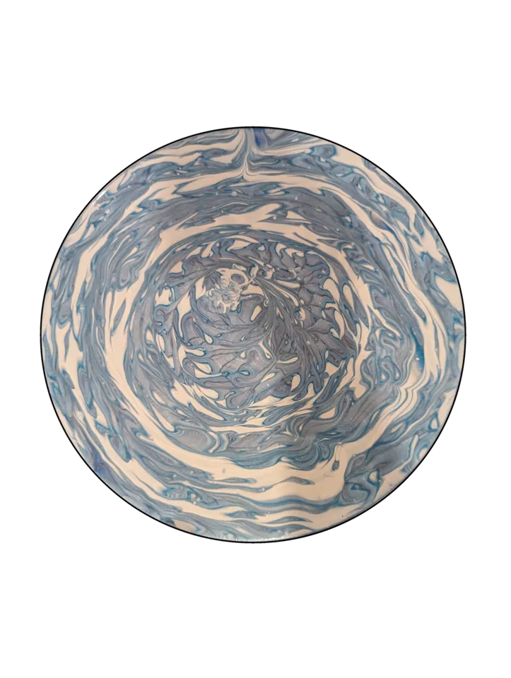 Round painting with soft blue gray and cream rings swirling toward the center.