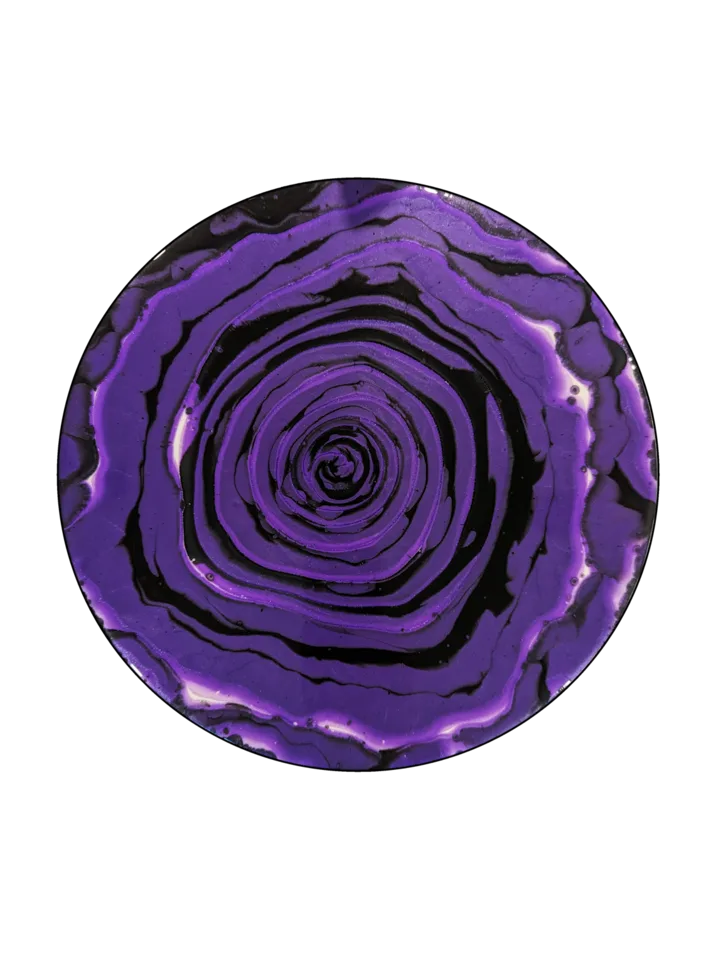 Round painting of concentric violet and black rings resembling a flower or geode.