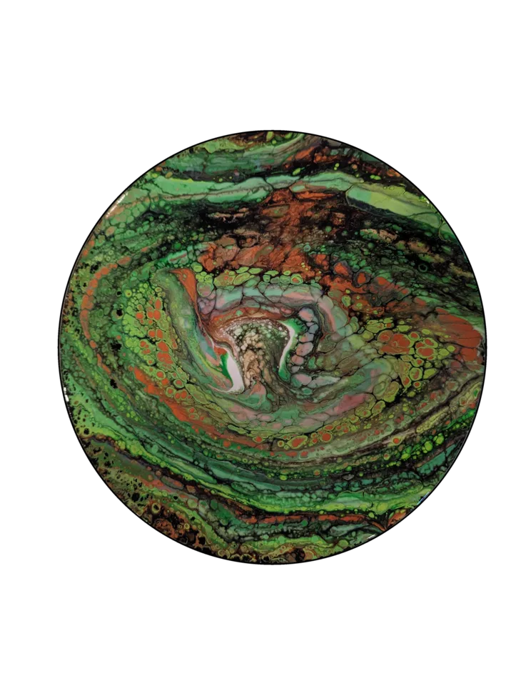 Round painting with moss green, copper and black marbling circling a pale center.
