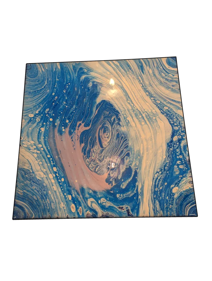 Square blue, cream and blush painting spiraling toward a detailed center.