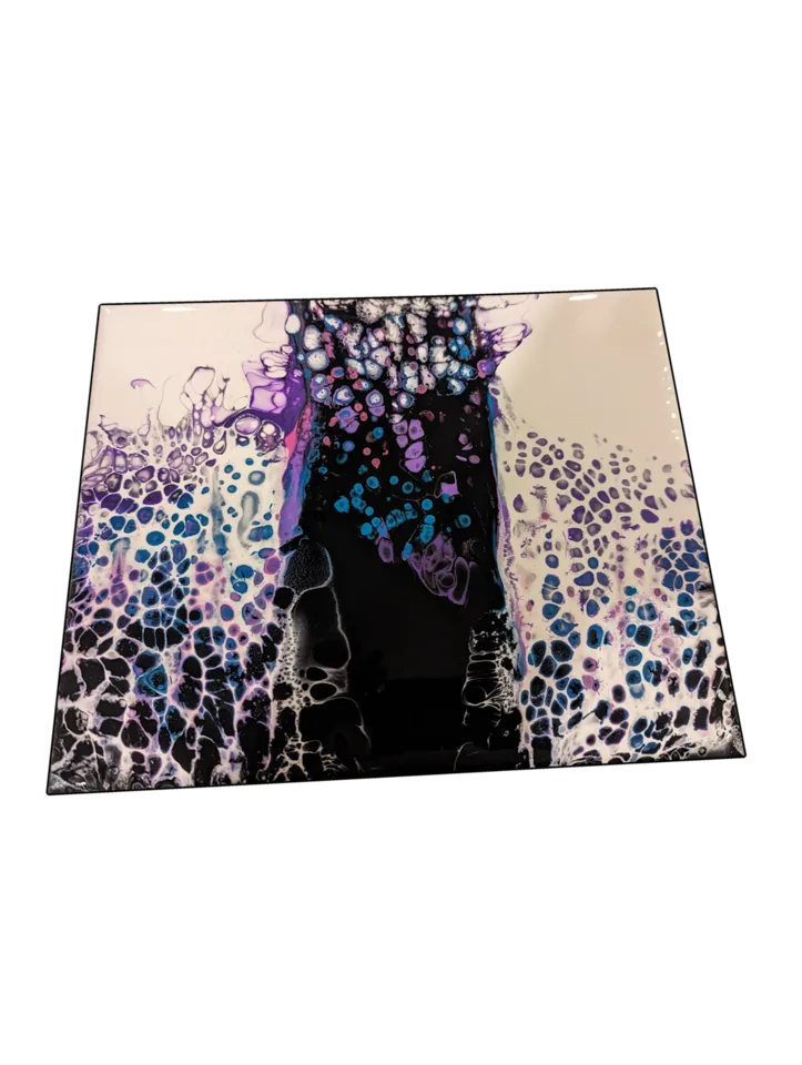 Square cellular pour with white edges, a black center and violet and blue accents.