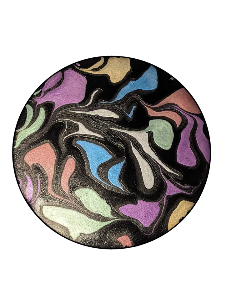 Round pearlescent pour with pastel lavender, blue, mint, peach and gold shapes over black.