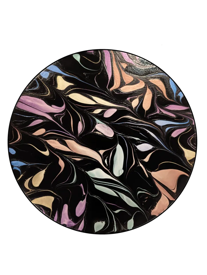 Round black painting with graceful peach, lavender, mint and blue pearlescent ribbons.